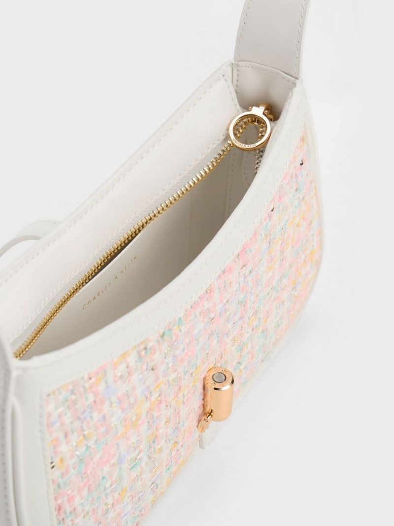 Charles And Keith Cesia Metallic Accent Tweed Shoulder Bags Pink | PHILIPPINES L758