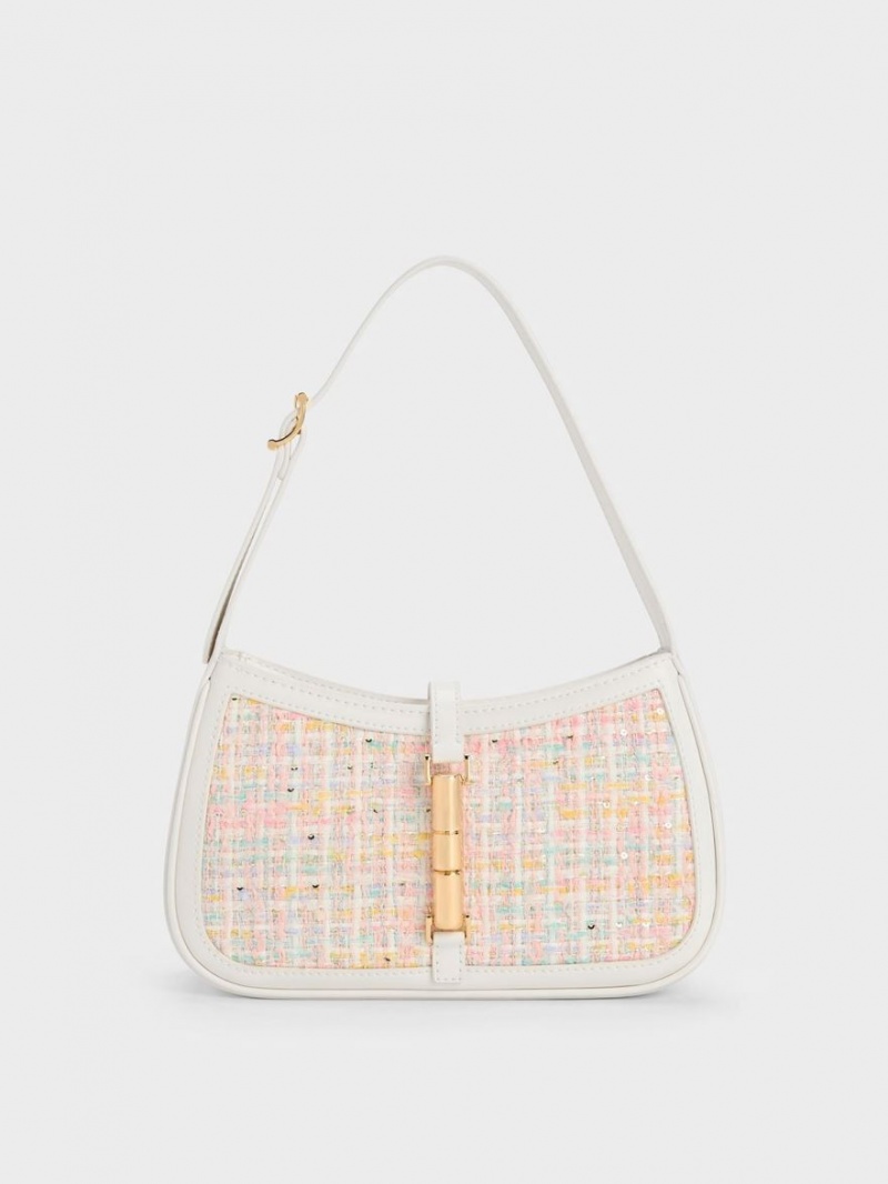 Charles And Keith Cesia Metallic Accent Tweed Shoulder Bags Pink | PHILIPPINES L758