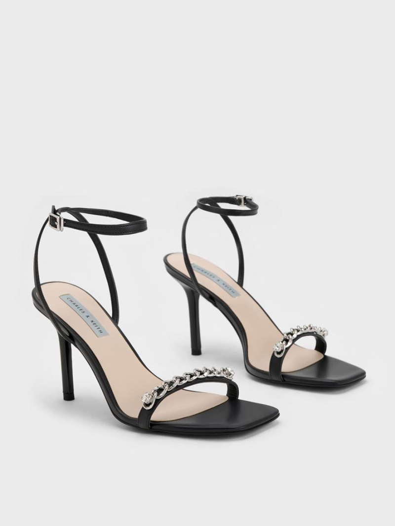 Charles And Keith Chain-Embellished Ankle Strap Sandals Black | PHILIPPINES O809