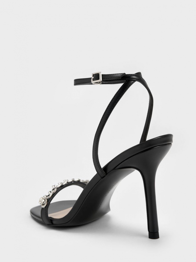 Charles And Keith Chain-Embellished Ankle Strap Sandals Black | PHILIPPINES O809