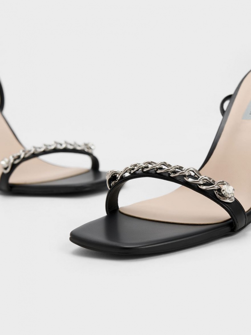 Charles And Keith Chain-Embellished Ankle Strap Sandals Black | PHILIPPINES O809