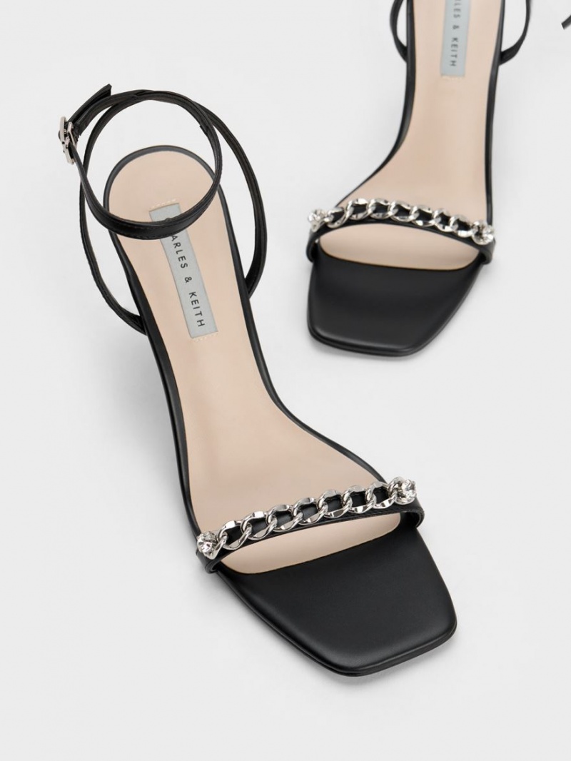 Charles And Keith Chain-Embellished Ankle Strap Sandals Black | PHILIPPINES O809