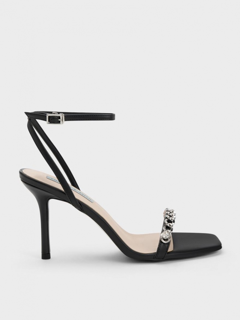 Charles And Keith Chain-Embellished Ankle Strap Sandals Black | PHILIPPINES O809