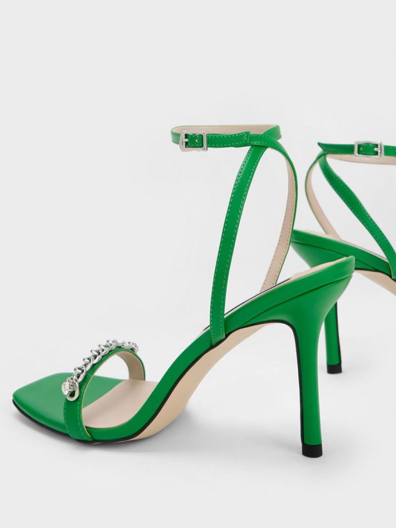 Charles And Keith Chain-Embellished Ankle Strap Sandals Green | PHILIPPINES S048