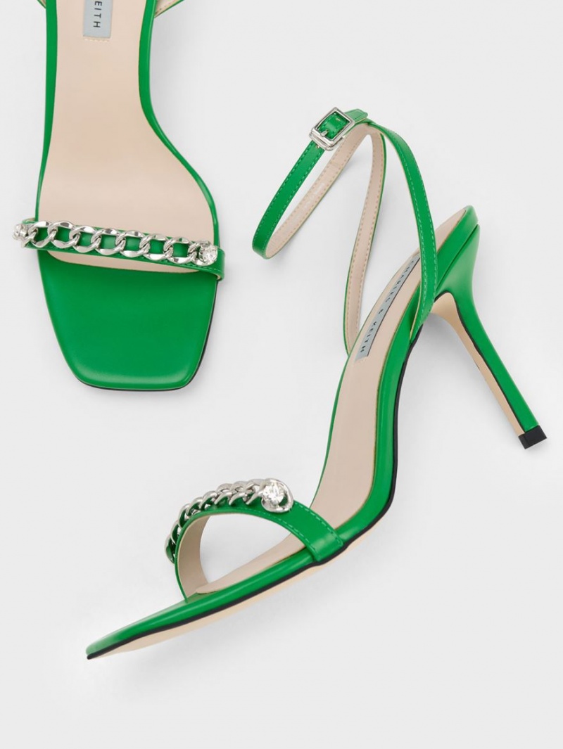 Charles And Keith Chain-Embellished Ankle Strap Sandals Green | PHILIPPINES S048