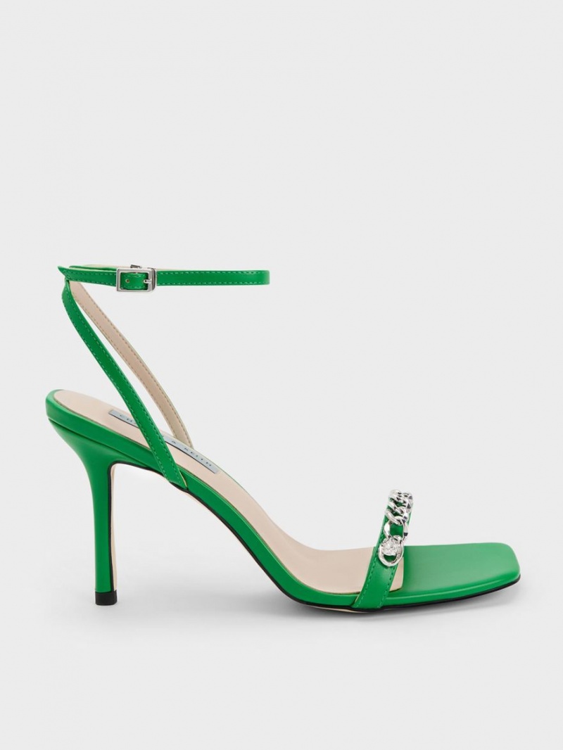 Charles And Keith Chain-Embellished Ankle Strap Sandals Green | PHILIPPINES S048