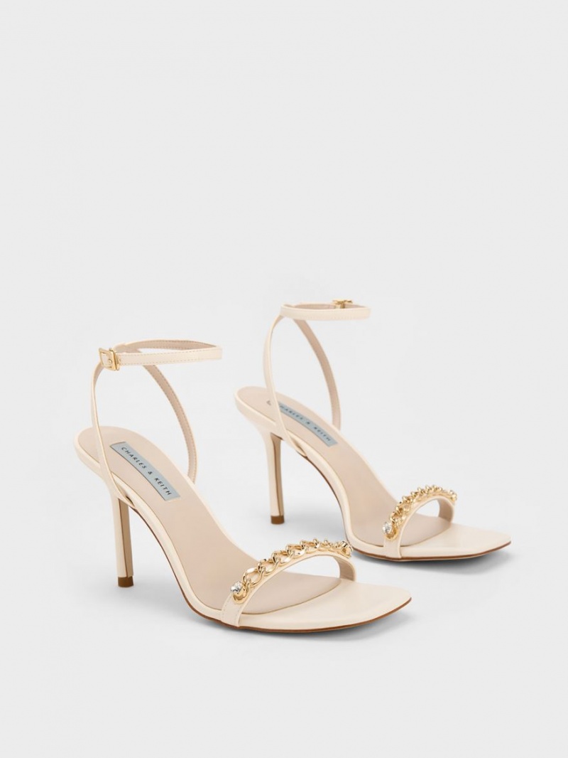 Charles And Keith Chain-Embellished Ankle Strap Sandals Cream | PHILIPPINES L645