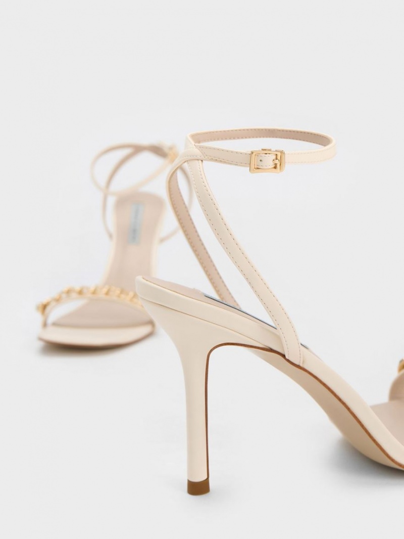 Charles And Keith Chain-Embellished Ankle Strap Sandals Cream | PHILIPPINES L645