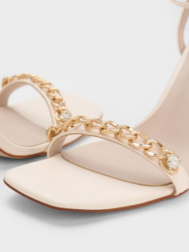 Charles And Keith Chain-Embellished Ankle Strap Sandals Cream | PHILIPPINES L645