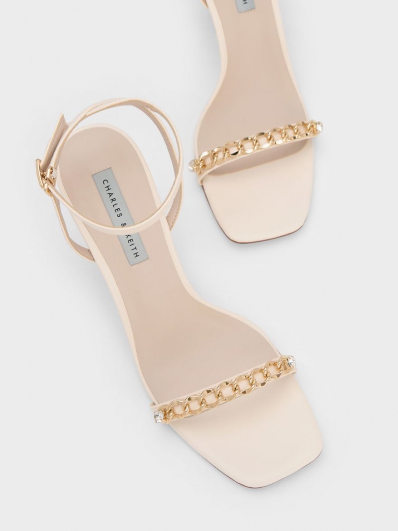 Charles And Keith Chain-Embellished Ankle Strap Sandals Cream | PHILIPPINES L645