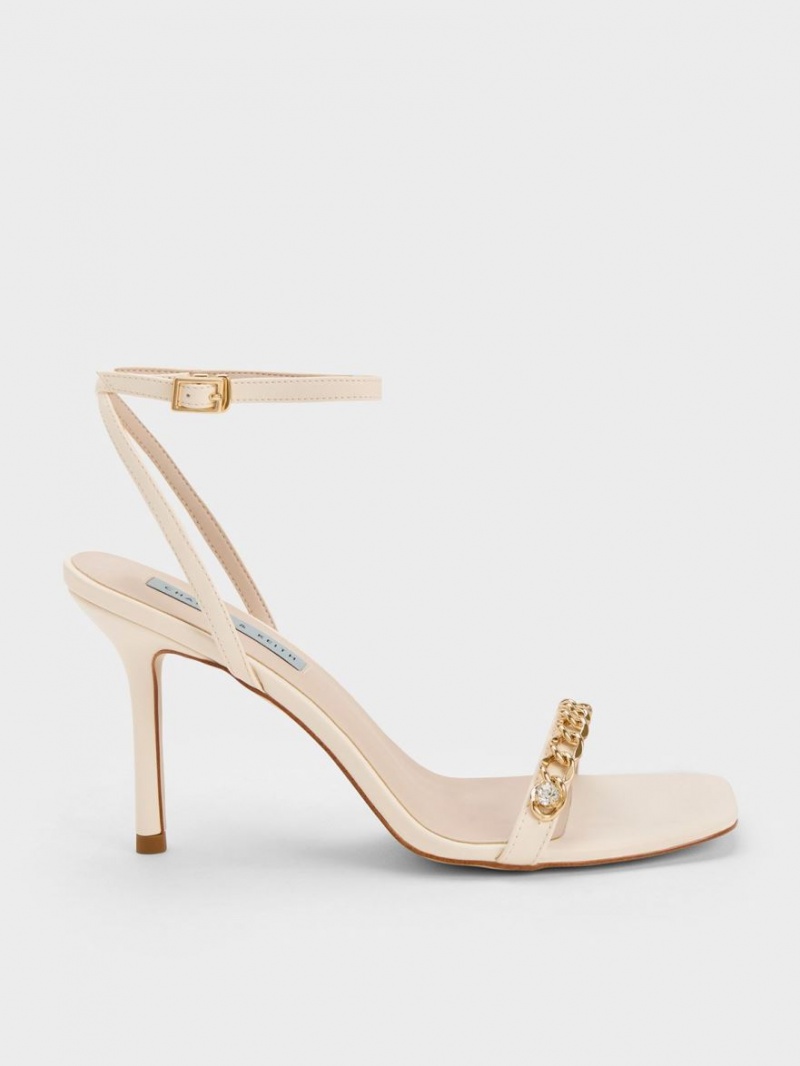 Charles And Keith Chain-Embellished Ankle Strap Sandals Cream | PHILIPPINES L645