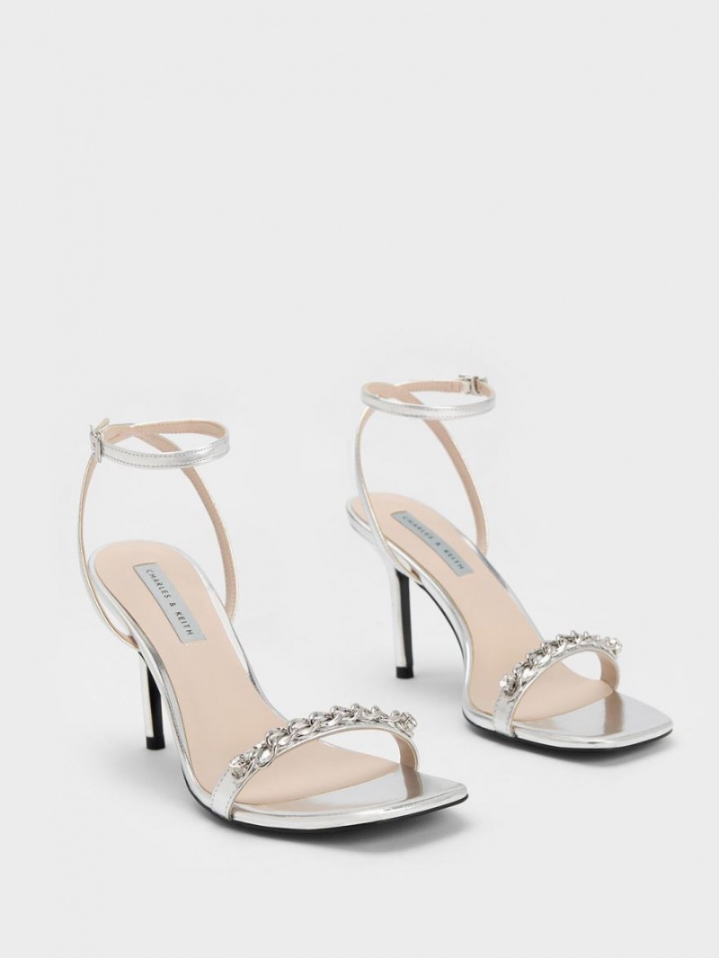 Charles And Keith Chain-Embellished Metallic Ankle Strap Sandals Silver | PHILIPPINES K427