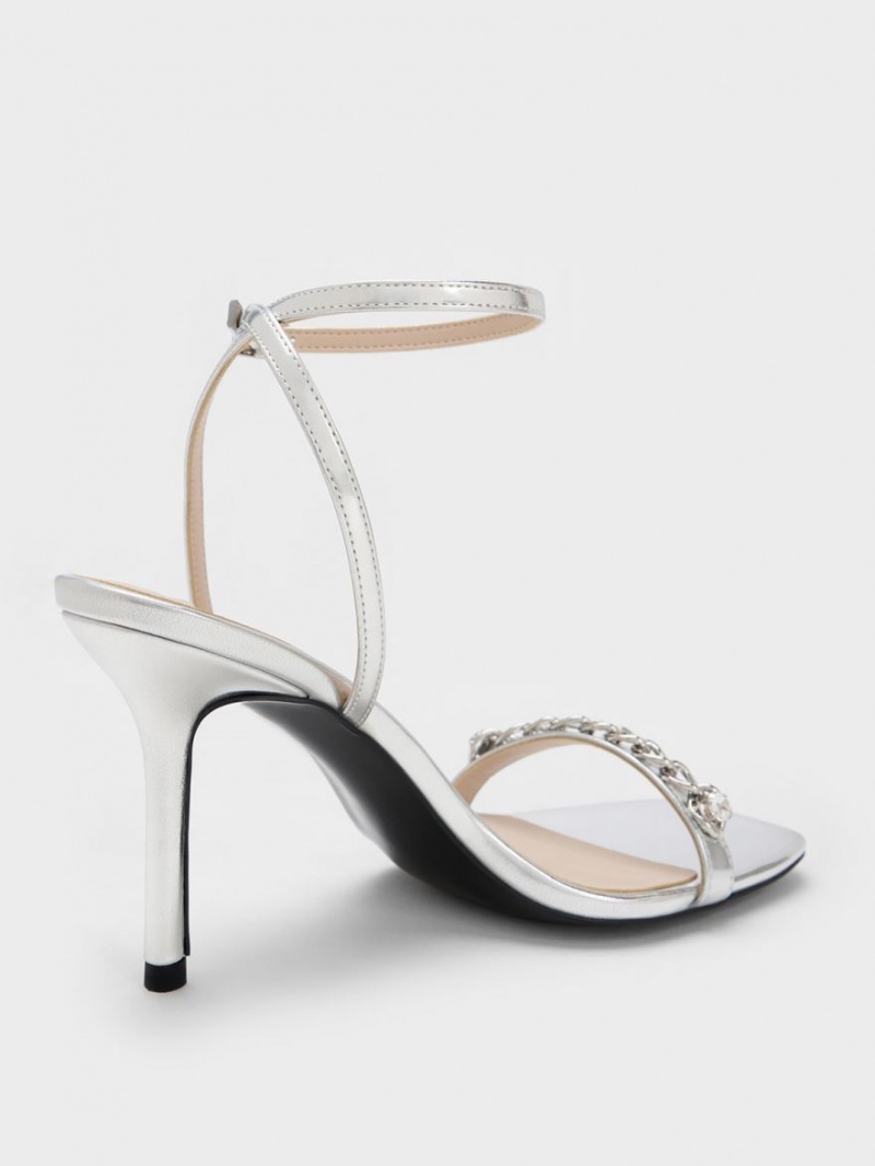 Charles And Keith Chain-Embellished Metallic Ankle Strap Sandals Silver | PHILIPPINES K427