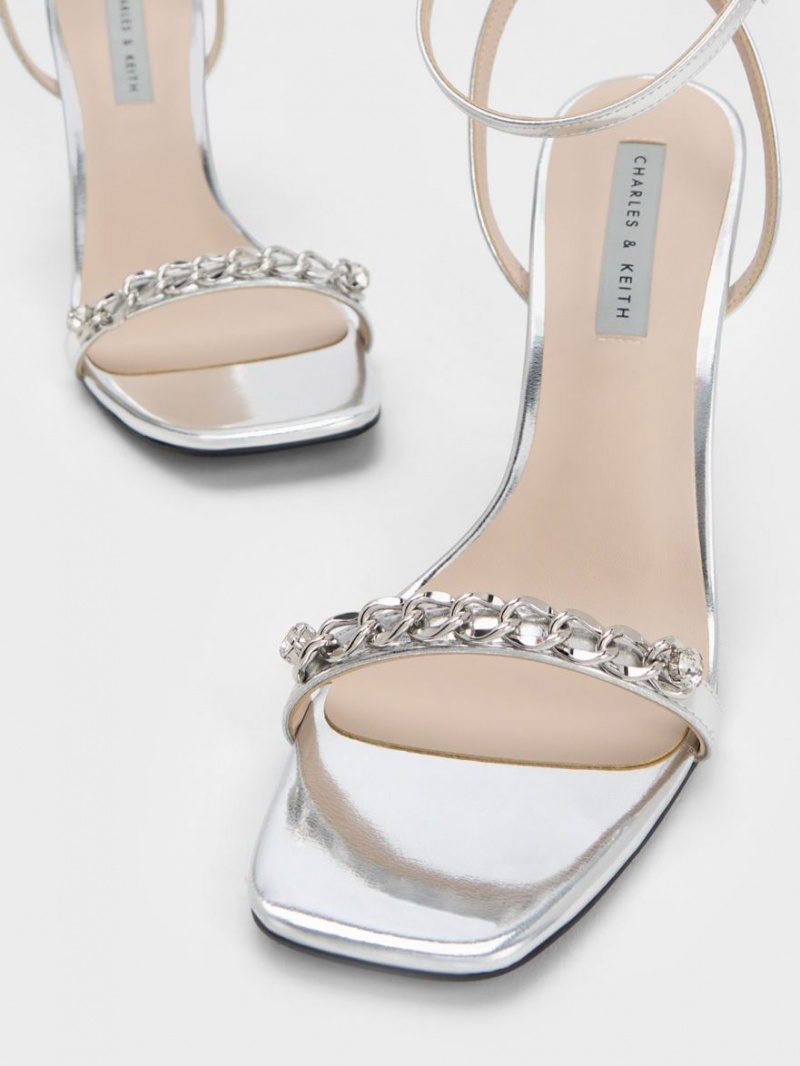 Charles And Keith Chain-Embellished Metallic Ankle Strap Sandals Silver | PHILIPPINES K427