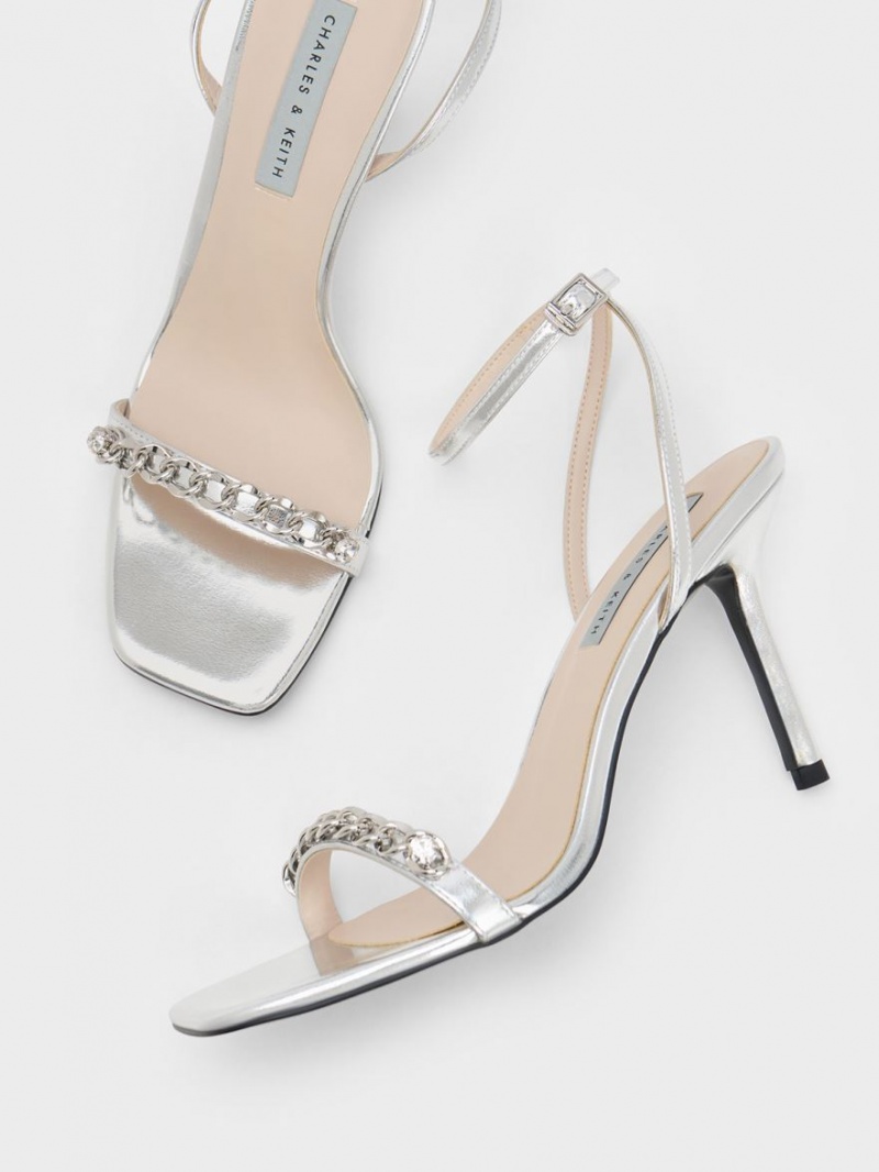 Charles And Keith Chain-Embellished Metallic Ankle Strap Sandals Silver | PHILIPPINES K427