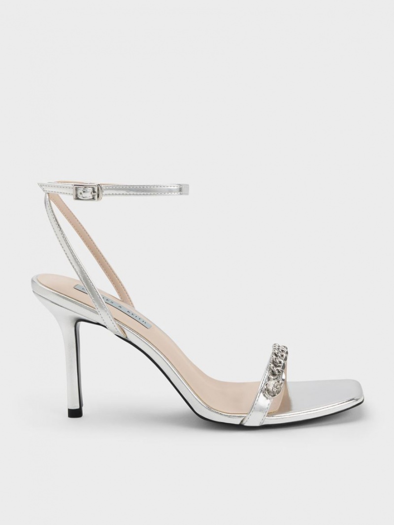 Charles And Keith Chain-Embellished Metallic Ankle Strap Sandals Silver | PHILIPPINES K427