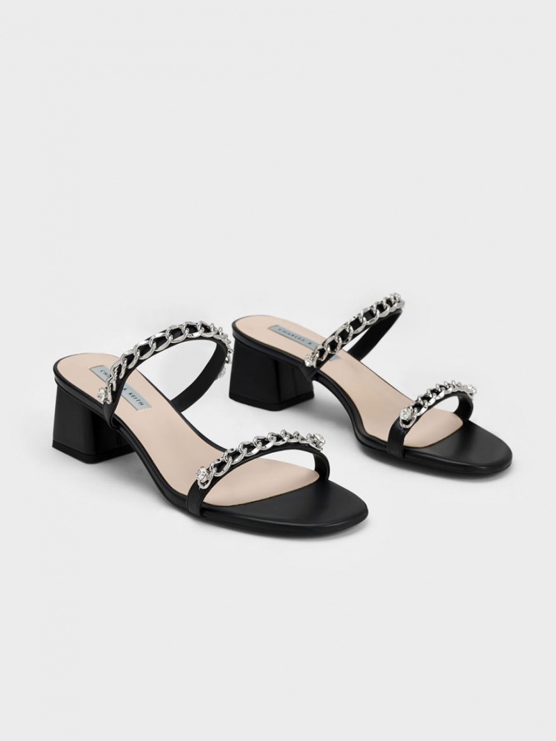 Charles And Keith Chain-Link Block Heels Sandals Black | PHILIPPINES O704