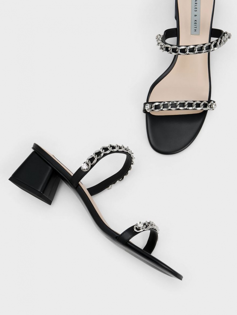 Charles And Keith Chain-Link Block Heels Sandals Black | PHILIPPINES O704