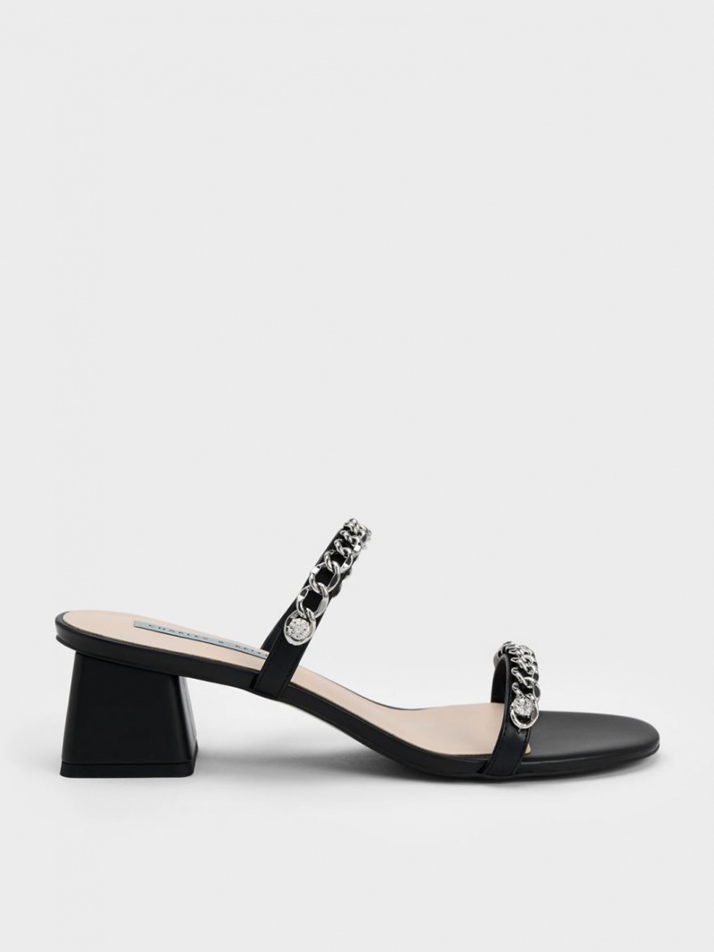 Charles And Keith Chain-Link Block Heels Sandals Black | PHILIPPINES O704