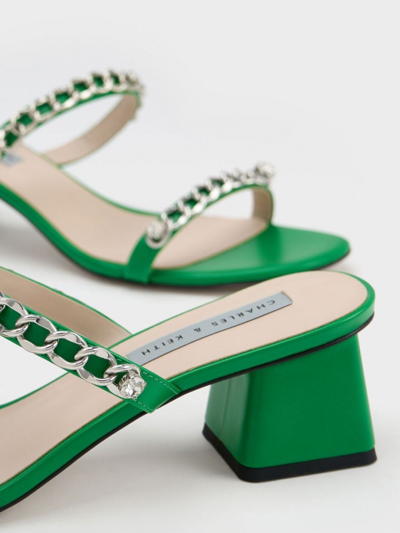 Charles And Keith Chain-Link Block Heels Sandals Green | PHILIPPINES Z256