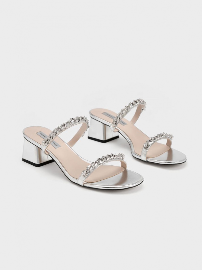 Charles And Keith Chain-Link Block Heels Sandals Silver | PHILIPPINES Z421