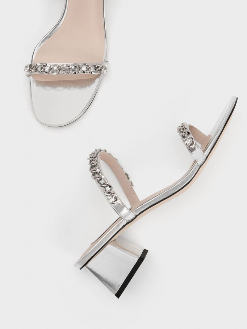 Charles And Keith Chain-Link Block Heels Sandals Silver | PHILIPPINES Z421