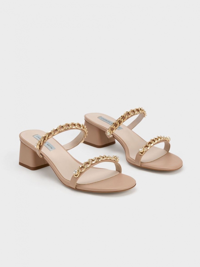 Charles And Keith Chain-Link Block Heels Sandals Beige | PHILIPPINES K268