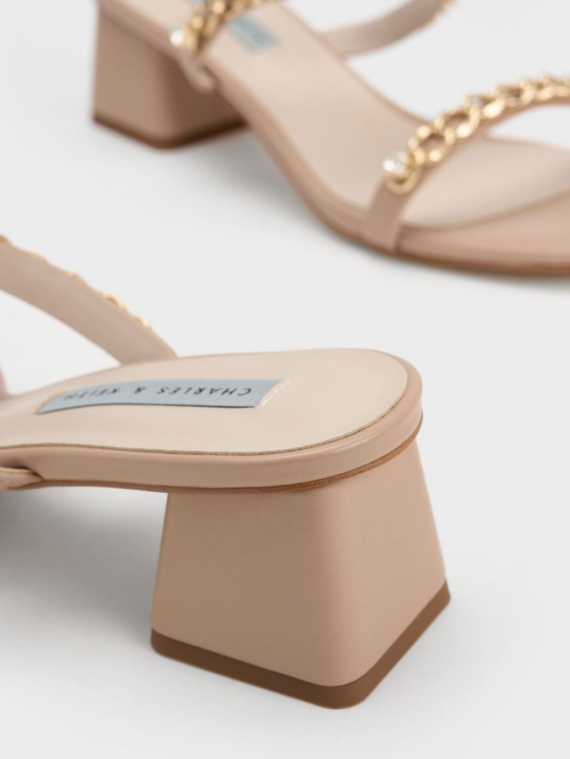 Charles And Keith Chain-Link Block Heels Sandals Beige | PHILIPPINES K268