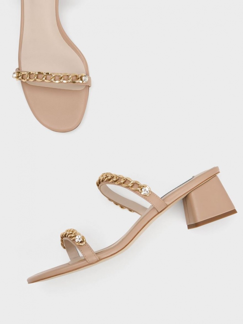 Charles And Keith Chain-Link Block Heels Sandals Beige | PHILIPPINES K268