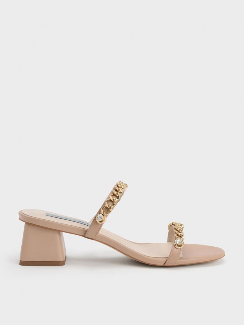 Charles And Keith Chain-Link Block Heels Sandals Beige | PHILIPPINES K268