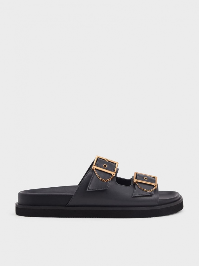 Charles And Keith Chain-Link Buckled Slide Sandals Dark Blue | PHILIPPINES K958