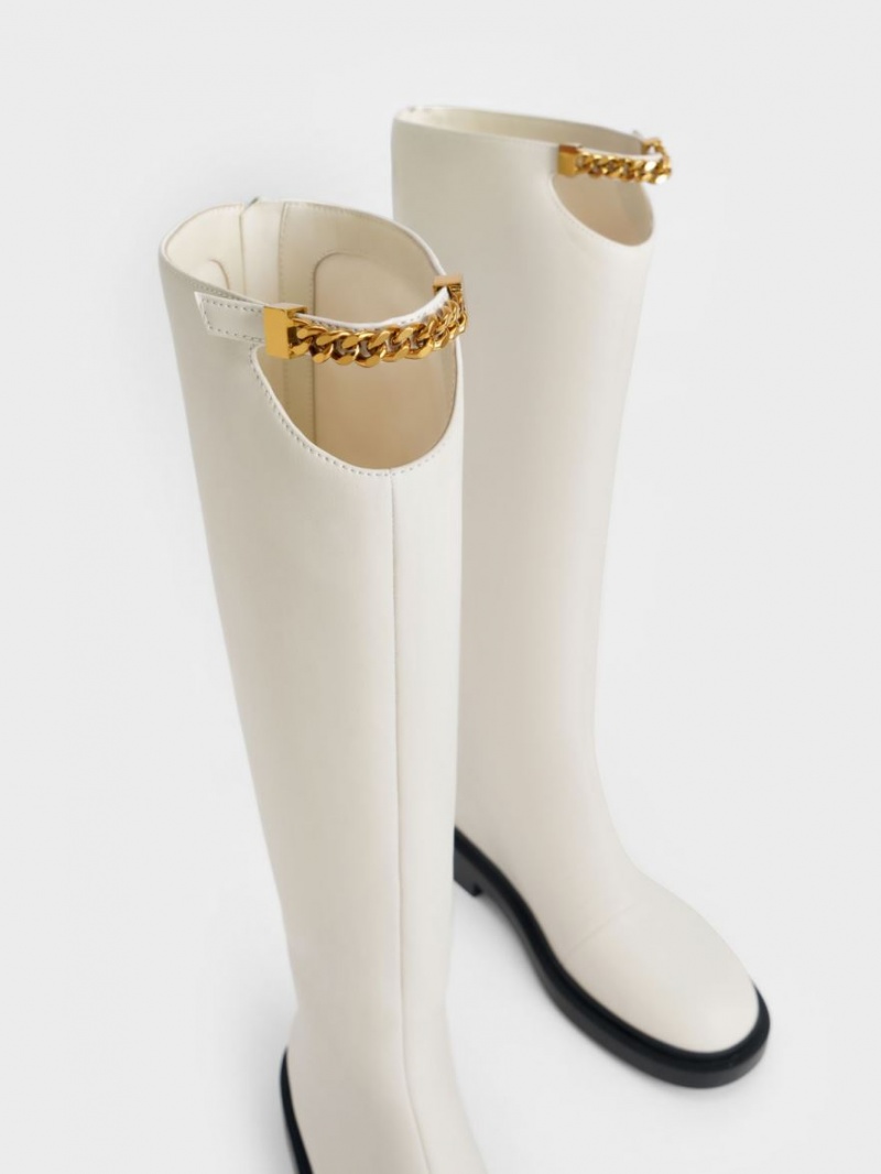 Charles And Keith Chain-Link Cut-Out Knee-high Boots White | PHILIPPINES K186