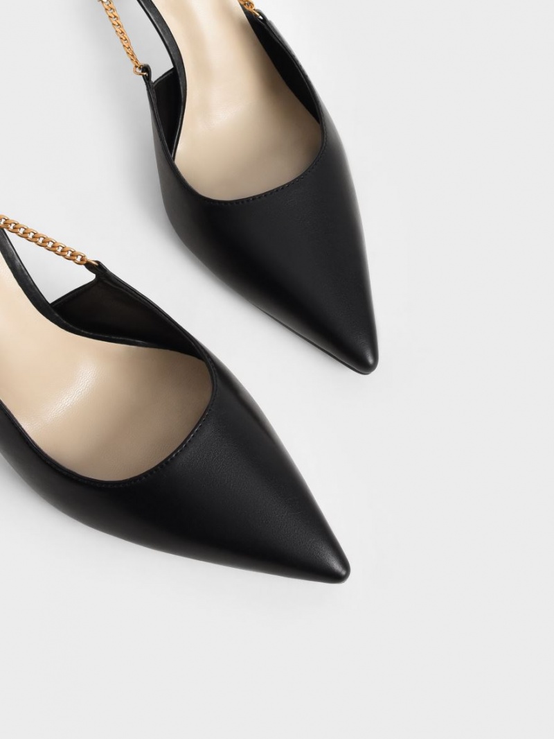 Charles And Keith Chain-Link Slingback Stiletto Pumps Black | PHILIPPINES A209