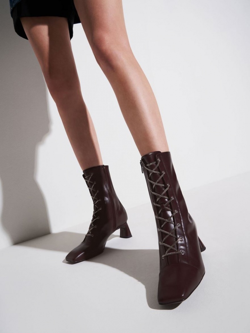 Charles And Keith Chain Calf Lace Up Boots Burgundy | PHILIPPINES M825