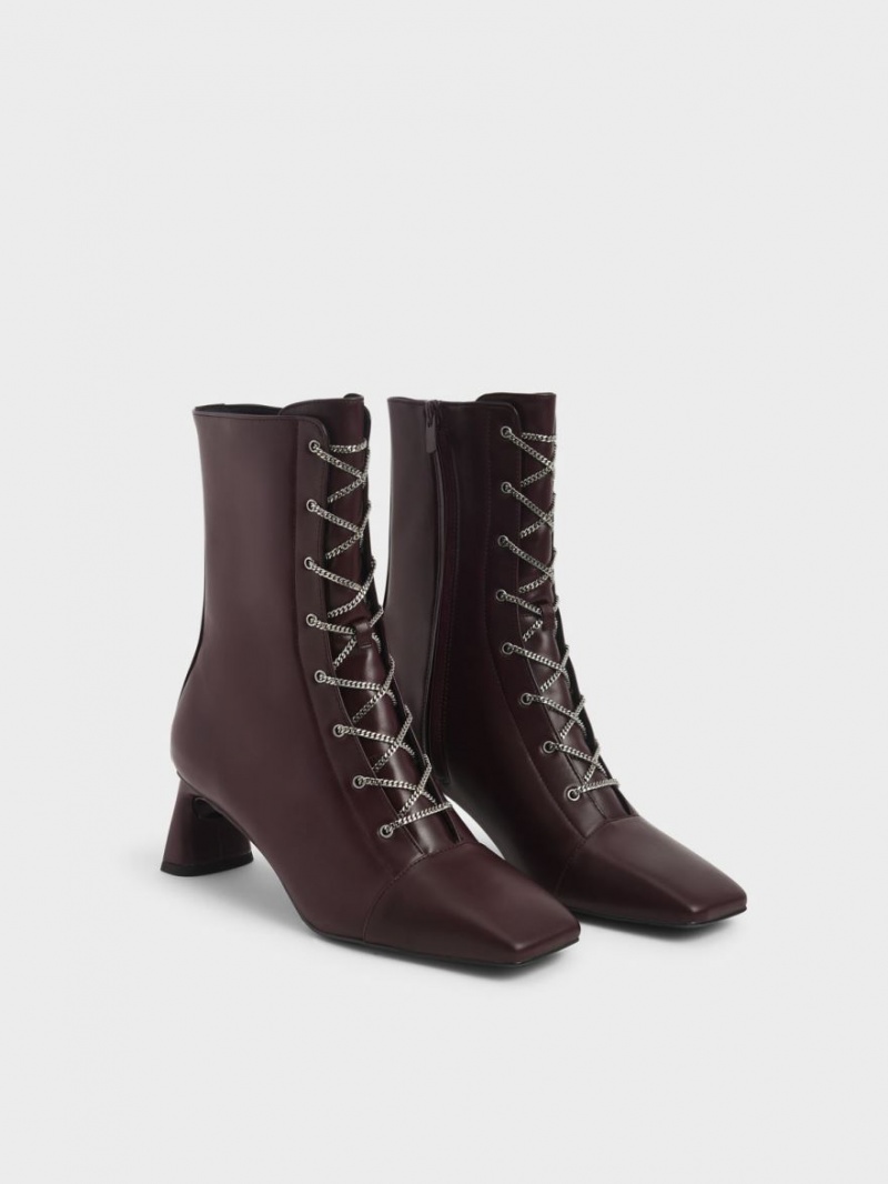 Charles And Keith Chain Calf Lace Up Boots Burgundy | PHILIPPINES M825