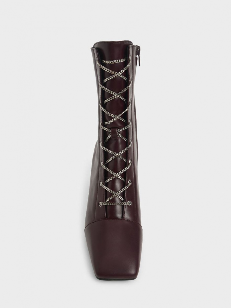 Charles And Keith Chain Calf Lace Up Boots Burgundy | PHILIPPINES M825