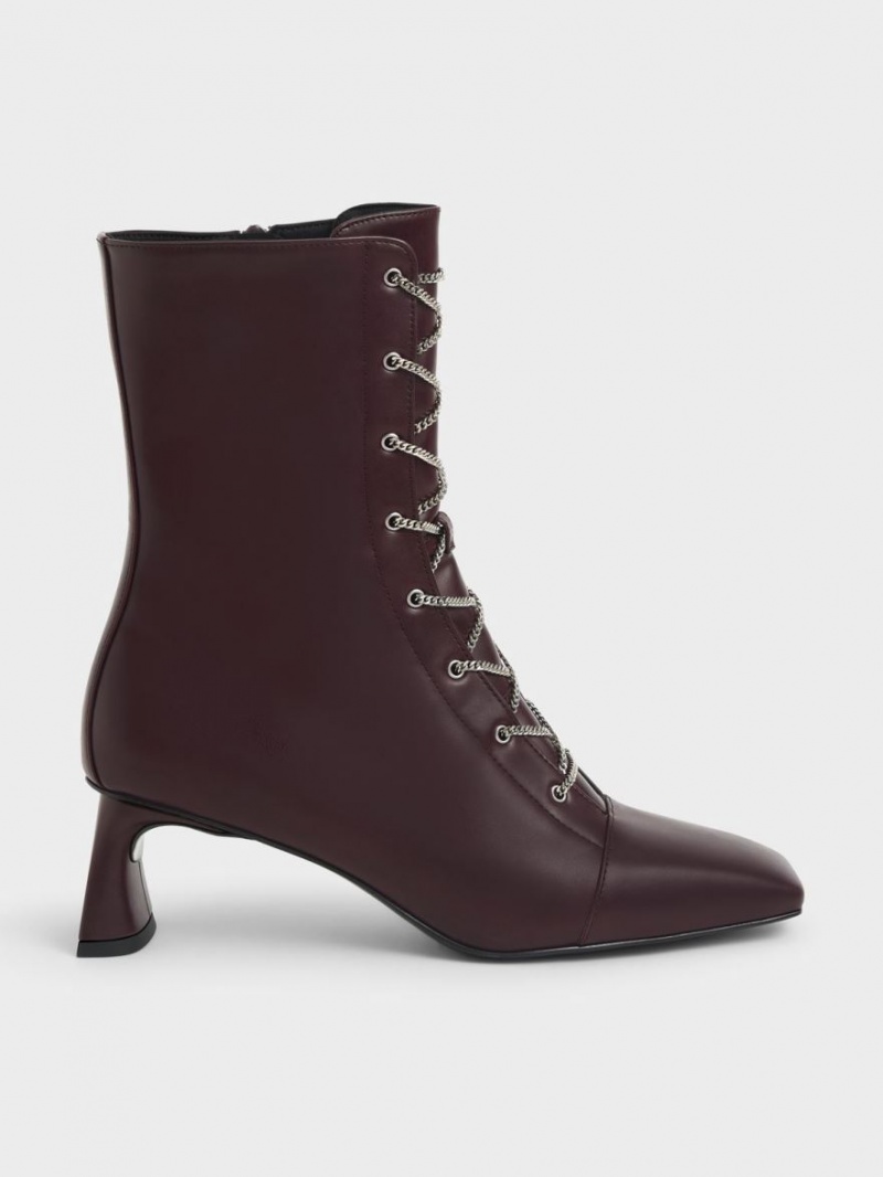 Charles And Keith Chain Calf Lace Up Boots Burgundy | PHILIPPINES M825