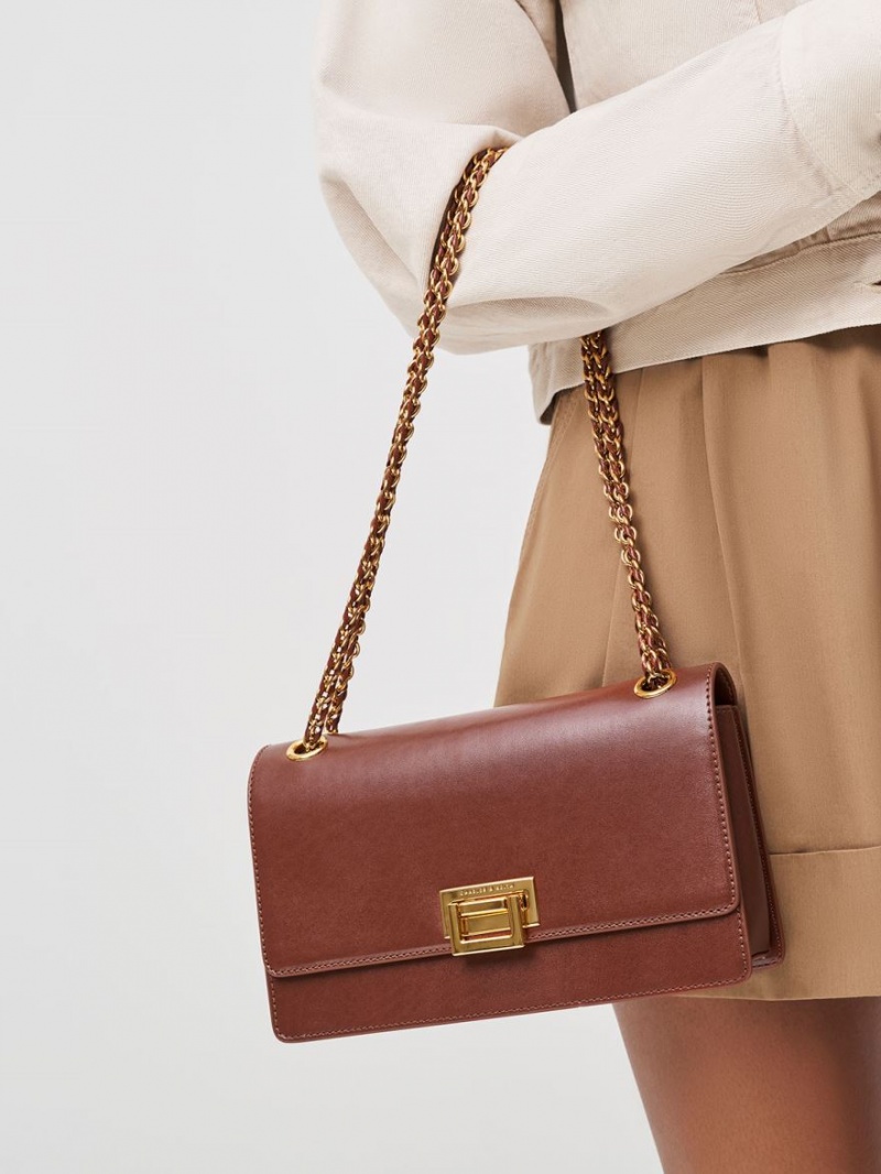 Charles And Keith Chain Handle Shoulder Bags Chocolate | PHILIPPINES H389