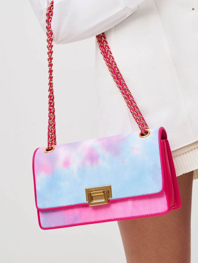 Charles And Keith Chain Handle Tie-Dye Shoulder Bags Fuchsia | PHILIPPINES U704