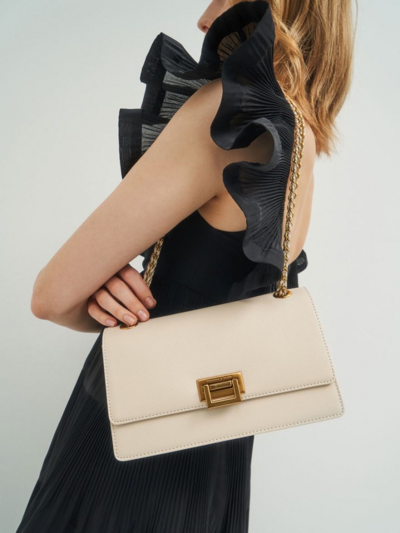 Charles And Keith Chain Strap Evening Shoulder Bags Cream | PHILIPPINES J197