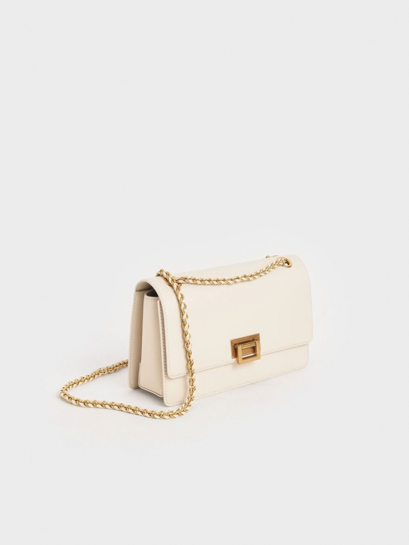 Charles And Keith Chain Strap Evening Shoulder Bags Cream | PHILIPPINES J197