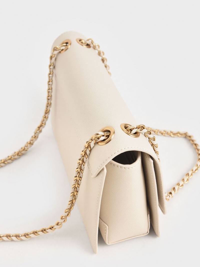 Charles And Keith Chain Strap Evening Shoulder Bags Cream | PHILIPPINES J197