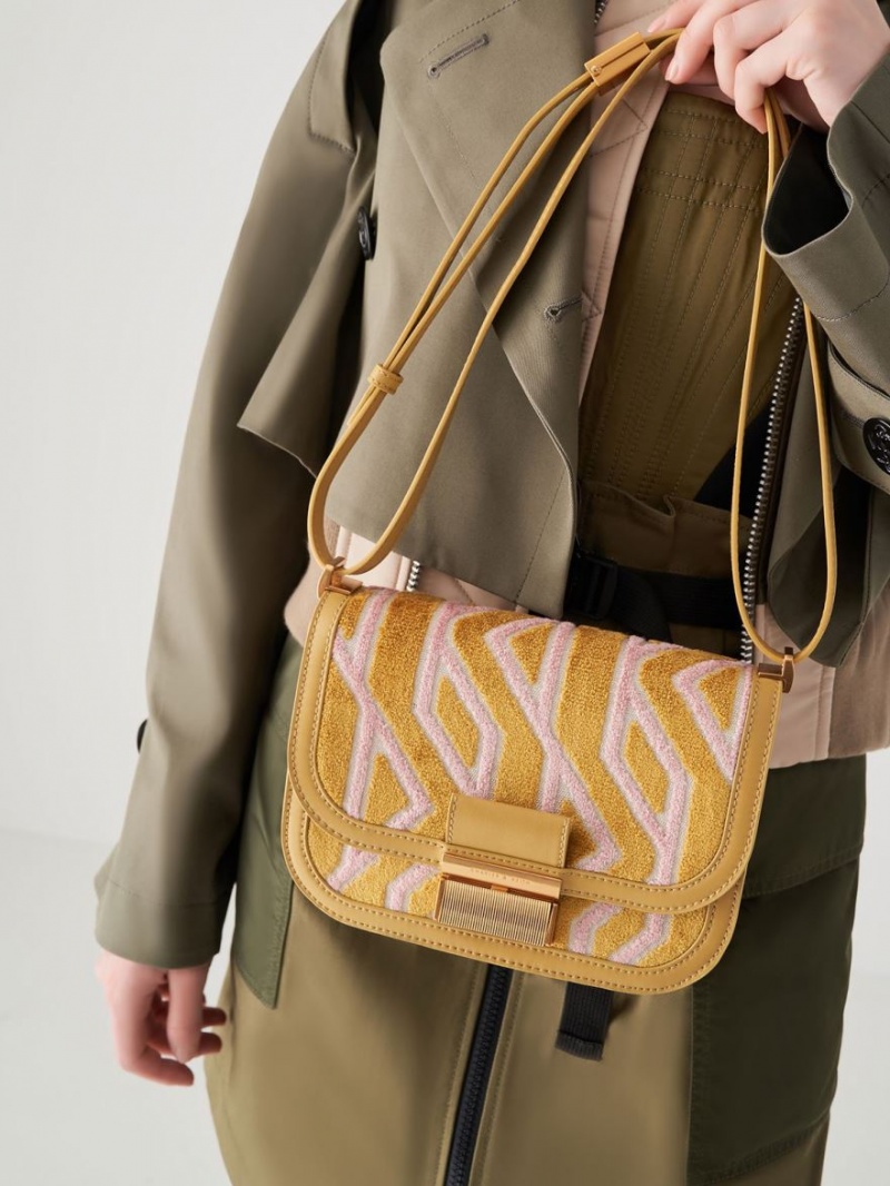 Charles And Keith Charlot Jacquard Printed Shoulder Bags Mustard | PHILIPPINES P368