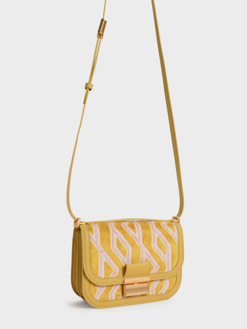 Charles And Keith Charlot Jacquard Printed Shoulder Bags Mustard | PHILIPPINES P368