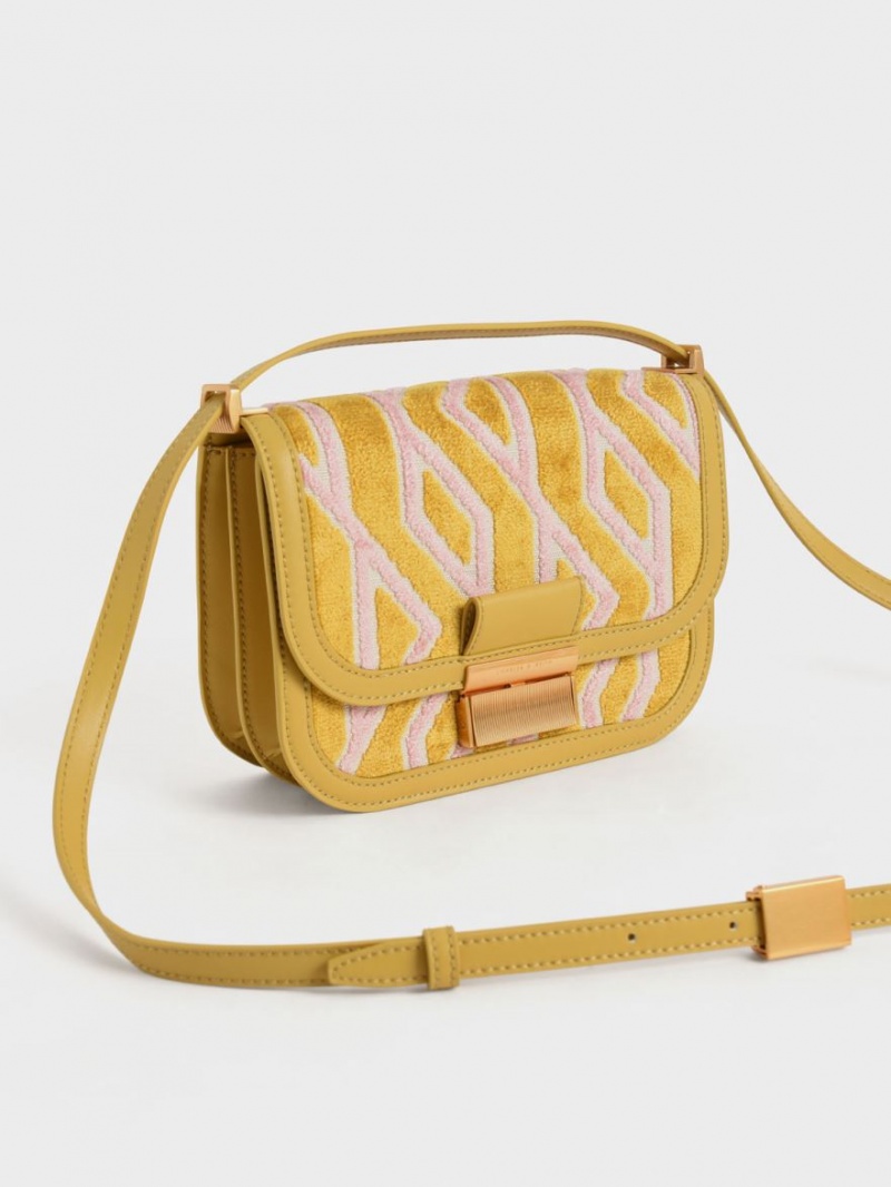 Charles And Keith Charlot Jacquard Printed Shoulder Bags Mustard | PHILIPPINES P368