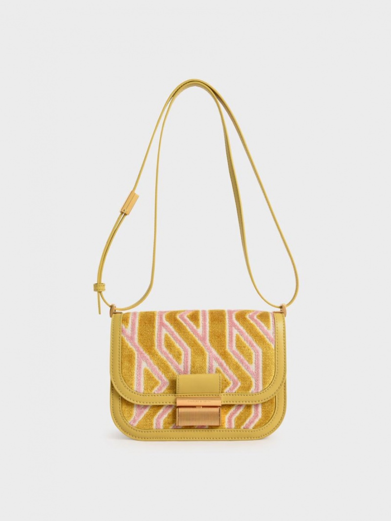 Charles And Keith Charlot Jacquard Printed Shoulder Bags Mustard | PHILIPPINES P368