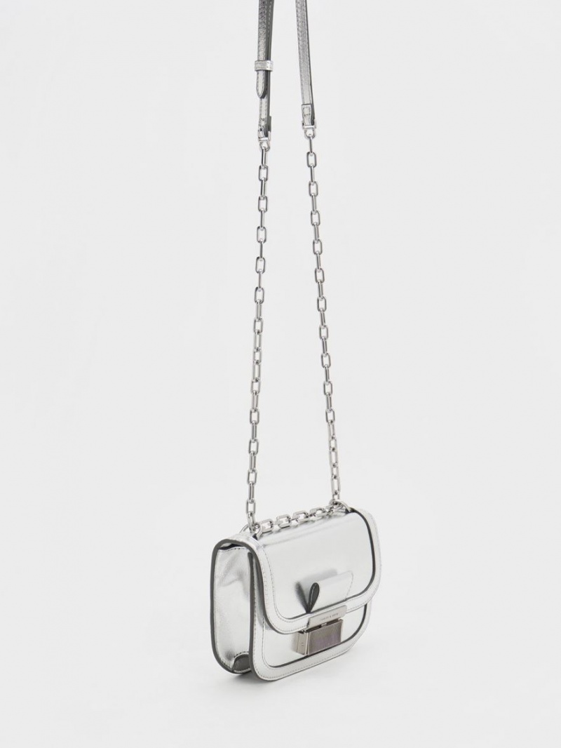 Charles And Keith Charlot Metallic Chain Strap Shoulder Bags Silver | PHILIPPINES W045