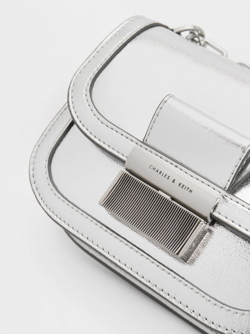 Charles And Keith Charlot Metallic Chain Strap Shoulder Bags Silver | PHILIPPINES W045