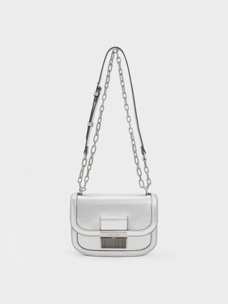 Charles And Keith Charlot Metallic Chain Strap Shoulder Bags Silver | PHILIPPINES W045