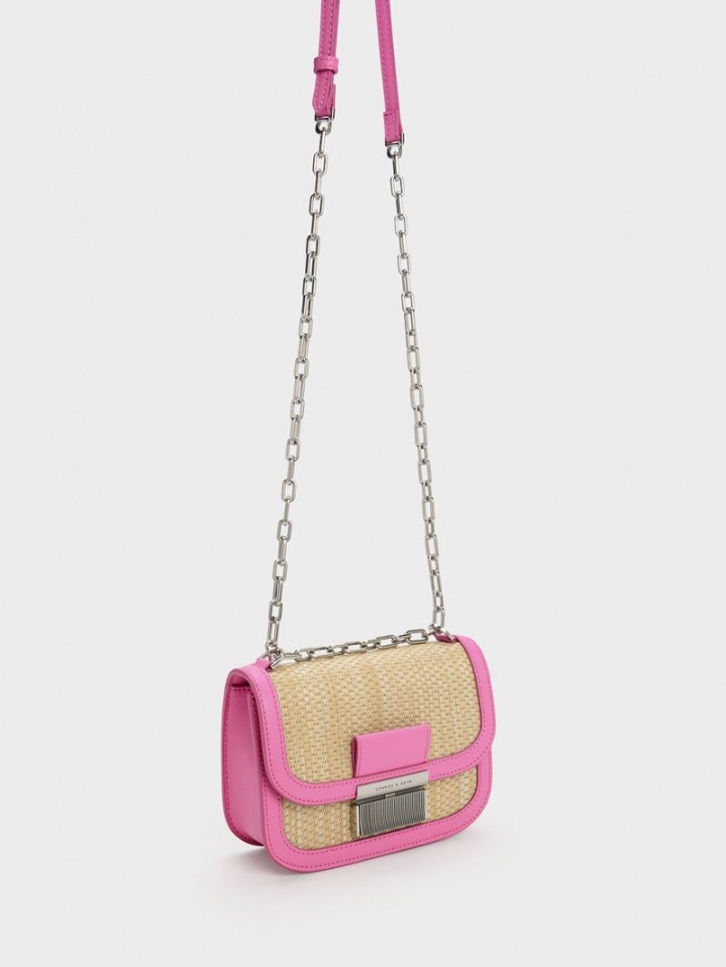 Charles And Keith Charlot Raffia Chain Strap Shoulder Bags Pink | PHILIPPINES C803